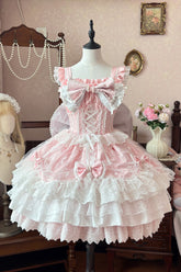 Pink Sleeveless Triple-Layered Ruffle Embroidery Bowknot Lace-Up Pearl Sweet Plus Size Lolita Jsk Dress